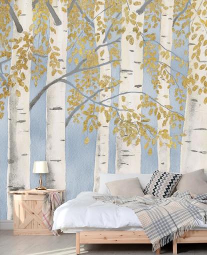 lichtblauw, wit en goud berkenboombehang