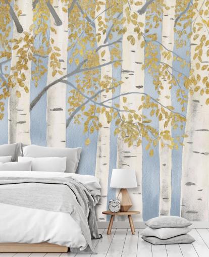 papel pintado de abedul azul claro, blanco y dorado