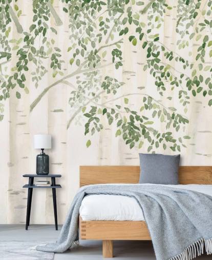 green and white custom birch tree wallpaper mural called Fresh Forest Green by James Wiens for bedrooms