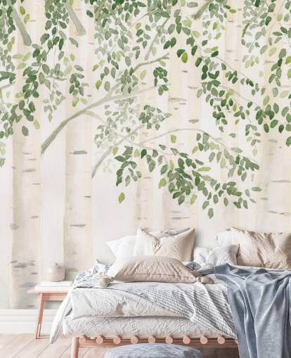 Grün-weißes kundenspezifisches Birken-Tapeten-Wandbild namens Fresh Forest Green von James Wiens für Schlafzimmer