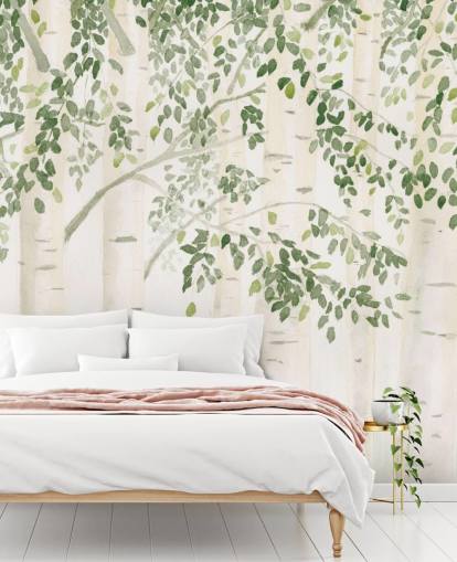 green and white custom birch tree wallpaper mural called Fresh Forest Green by James Wiens for bedrooms