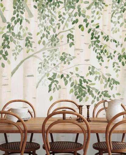 grønt og hvitt tilpasset bjørketreveggmaleri kalt Fresh Forest Green av James Wiens for soverom