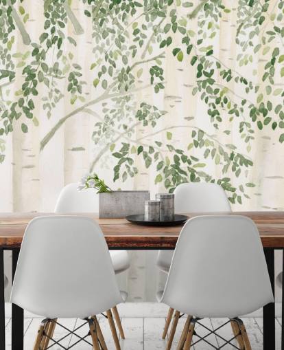 grön och vit anpassad björkträd tapetväggmålning kallad Fresh Forest Green av James Wiens för sovrum