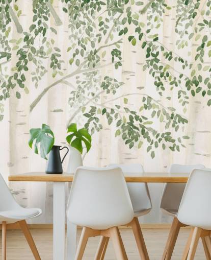 green and white custom birch tree wallpaper mural called Fresh Forest Green by James Wiens for bedrooms