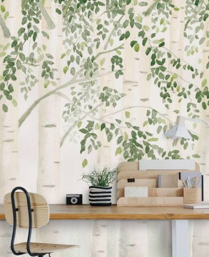 papier peint mural personnalisé en bouleau vert et blanc appelé Fresh Forest Green par James Wiens pour les chambres