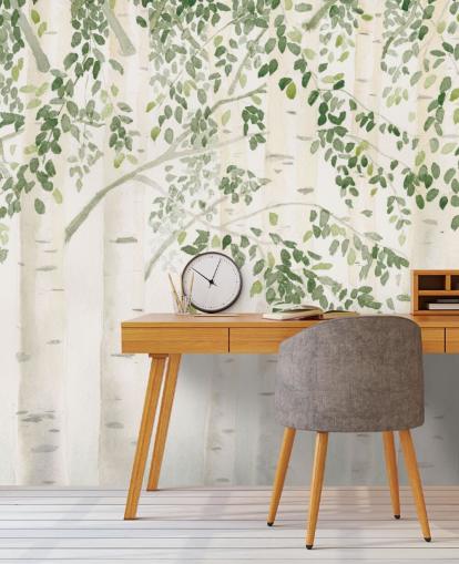 Grün-weißes kundenspezifisches Birken-Tapeten-Wandbild namens Fresh Forest Green von James Wiens für Schlafzimmer