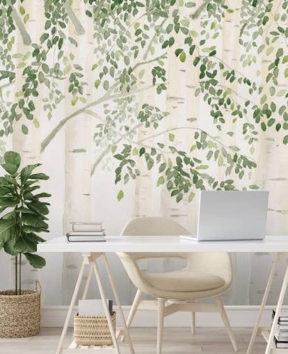 green and white custom birch tree wallpaper mural called Fresh Forest Green by James Wiens for bedrooms