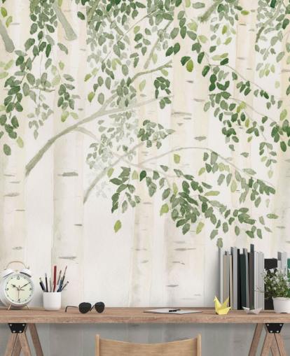 green and white custom birch tree wallpaper mural called Fresh Forest Green by James Wiens for bedrooms