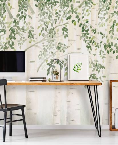 Grün-weißes kundenspezifisches Birken-Tapeten-Wandbild namens Fresh Forest Green von James Wiens für Schlafzimmer