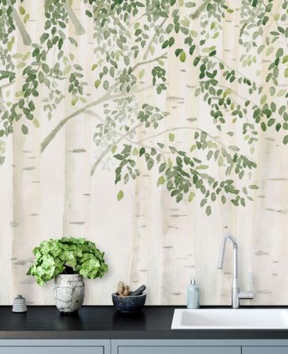 grön och vit anpassad björkträd tapetväggmålning kallad Fresh Forest Green av James Wiens för sovrum grön och vit anpassad björkträd tapetväggmålning kallad Fresh Forest Green av James Wiens för sovrum