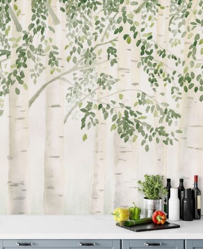papier peint mural personnalisé en bouleau vert et blanc appelé Fresh Forest Green par James Wiens pour les chambres