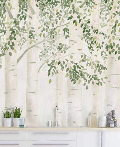 groen-witte op maat gemaakte berkenboombehangmuurschildering genaamd Fresh Forest Green van James Wiens voor slaapkamers groen-witte op maat gemaakte berkenboombehangmuurschildering genaamd Fresh Forest Green van James Wiens voor slaapkamers