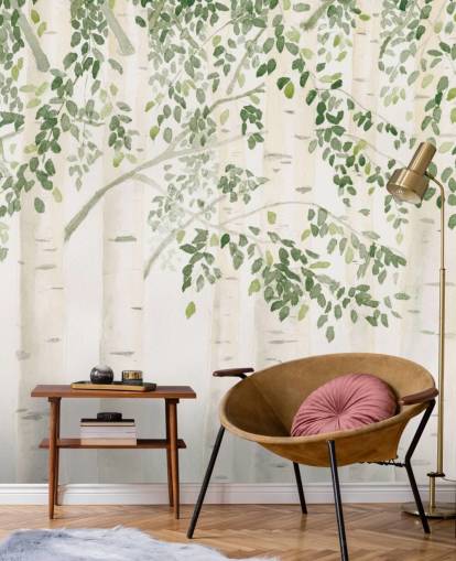 Grün-weißes kundenspezifisches Birken-Tapeten-Wandbild namens Fresh Forest Green von James Wiens für Schlafzimmer