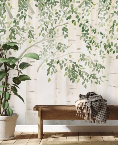 mural de papel pintado de abedul personalizado verde y blanco llamado Fresh Forest Green de James Wiens para dormitorios
