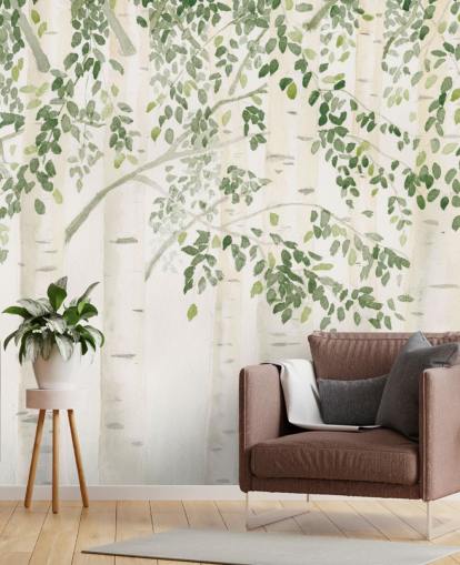 papier peint mural personnalisé en bouleau vert et blanc appelé Fresh Forest Green par James Wiens pour les chambres