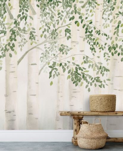 groen-witte op maat gemaakte berkenboombehangmuurschildering genaamd Fresh Forest Green van James Wiens voor slaapkamers