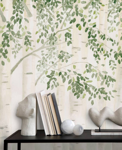 green and white custom birch tree wallpaper mural called Fresh Forest Green by James Wiens for bedrooms