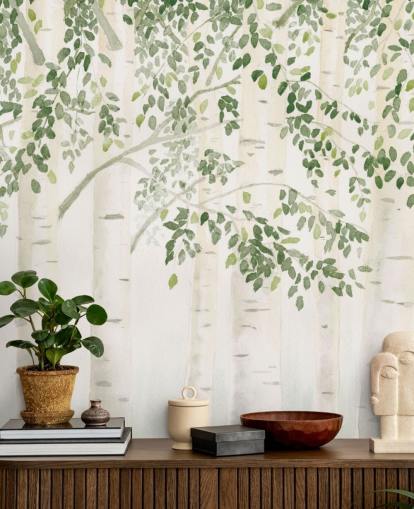 grön och vit anpassad björkträd tapetväggmålning kallad Fresh Forest Green av James Wiens för sovrum grön och vit anpassad björkträd tapetväggmålning kallad Fresh Forest Green av James Wiens för sovrum