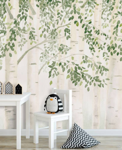 mural de papel pintado de abedul personalizado verde y blanco llamado Fresh Forest Green de James Wiens para dormitorios mural de papel pintado de abedul personalizado verde y blanco llamado Fresh Forest Green de James Wiens para dormitorios