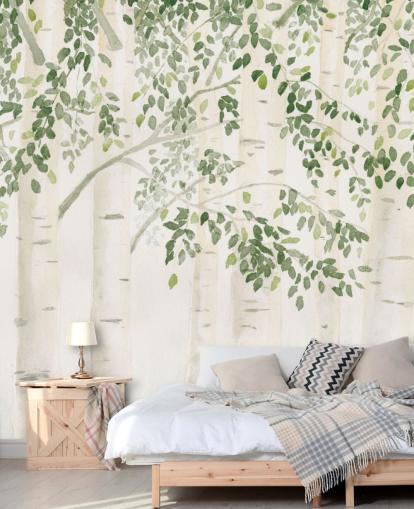 mural de papel de parede de bétula personalizado em verde e branco chamado Fresh Forest Green de James Wiens para quartos
