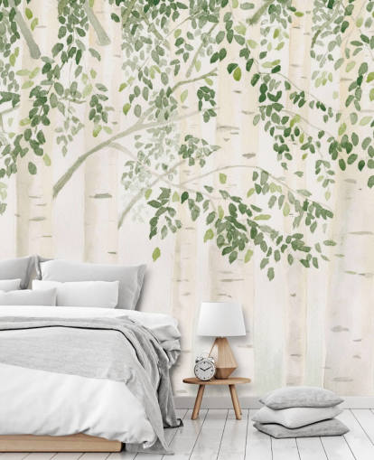 groen-witte op maat gemaakte berkenboombehangmuurschildering genaamd Fresh Forest Green van James Wiens voor slaapkamers