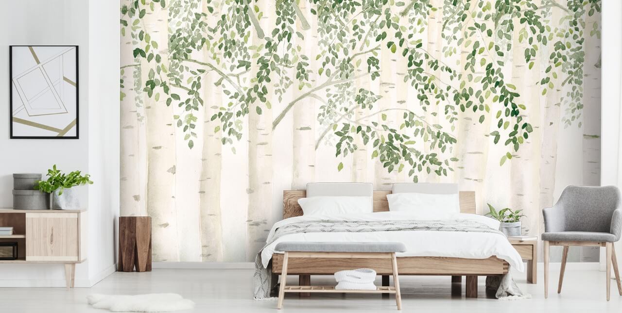 mural de papel de parede de bétula personalizado em verde e branco chamado Fresh Forest Green de James Wiens para quartos