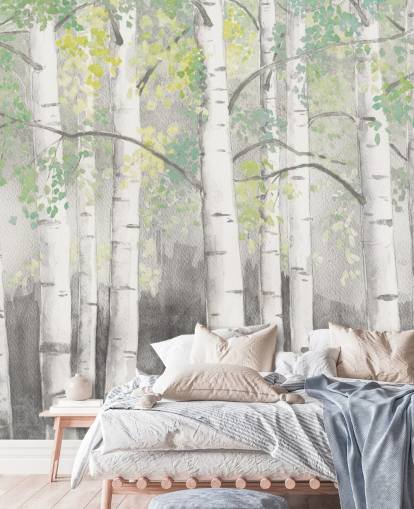 berkenbomen in behang met aquareleffect