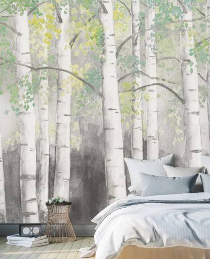 berkenbomen in behang met aquareleffect