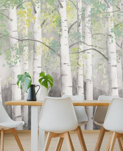 berkenbomen in behang met aquareleffect