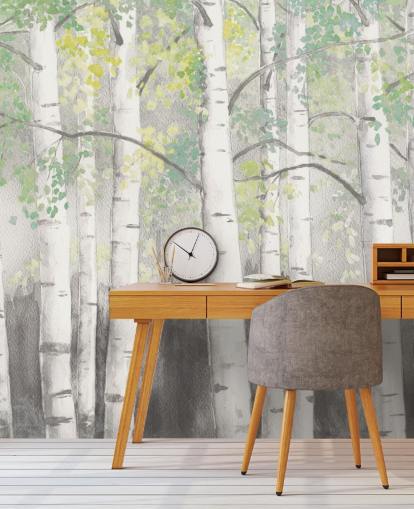 birch trees in watercolour effect wallpaper