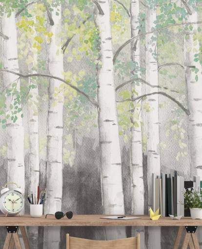 birch trees in watercolour effect wallpaper
