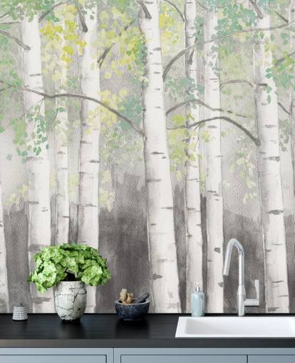 birch trees in watercolour effect wallpaper