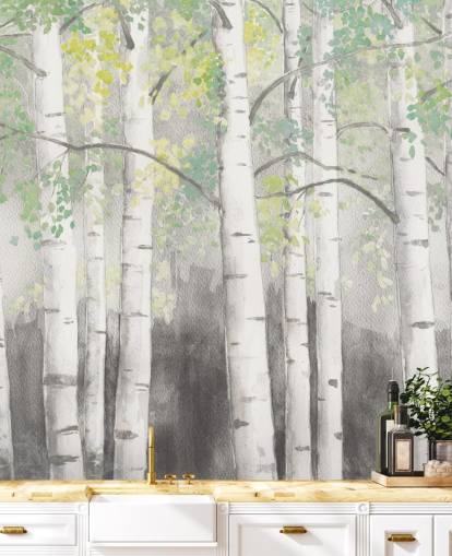 birch trees in watercolor effect wallpaper