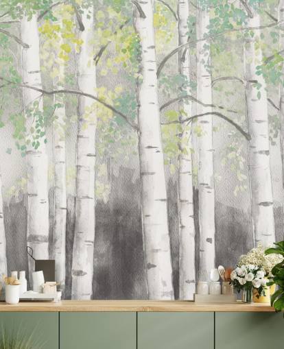 berkenbomen in behang met aquareleffect