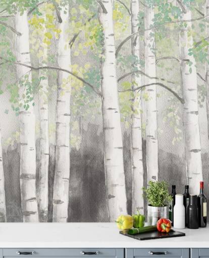 birch trees in watercolour effect wallpaper