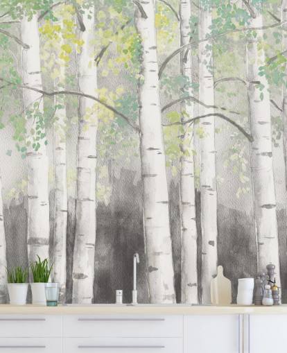 papier peint à effet aquarelle avec des bouleaux