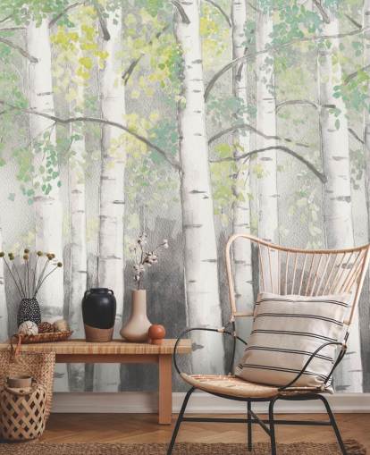 birch trees in watercolour effect wallpaper