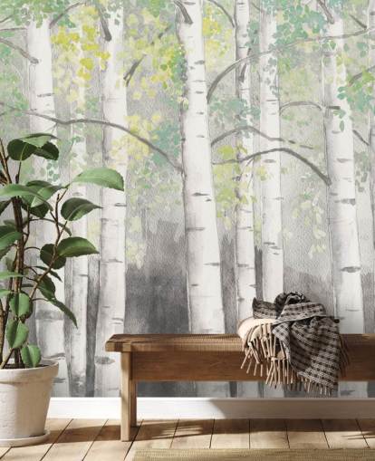 birch trees in watercolour effect wallpaper