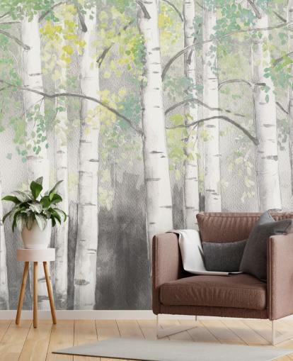 birch trees in watercolour effect wallpaper