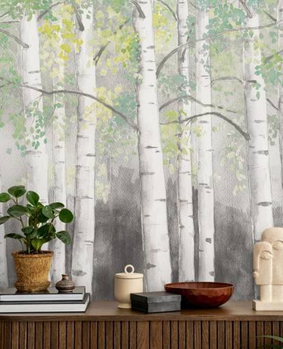 berkenbomen in behang met aquareleffect