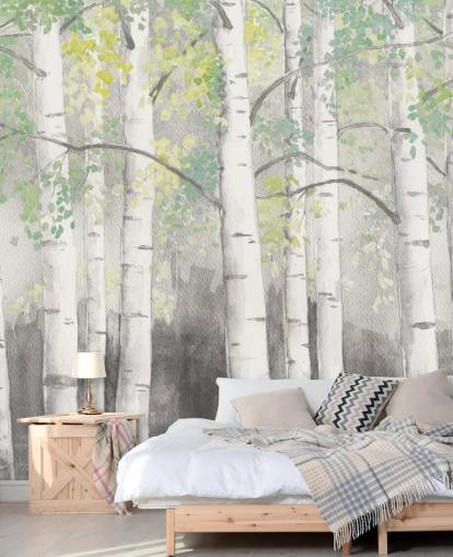 papel pintado de abedules con efecto acuarela