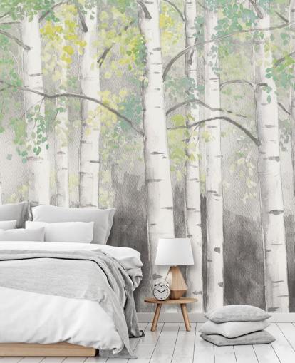 birch trees in watercolour effect wallpaper
