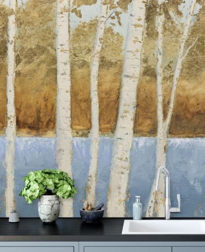 abstract meer en berkenboom behang