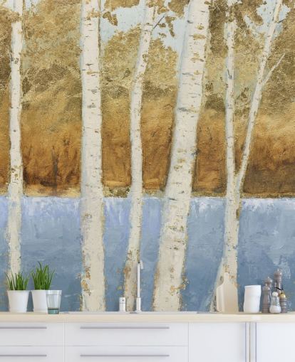 abstract meer en berkenboom behang