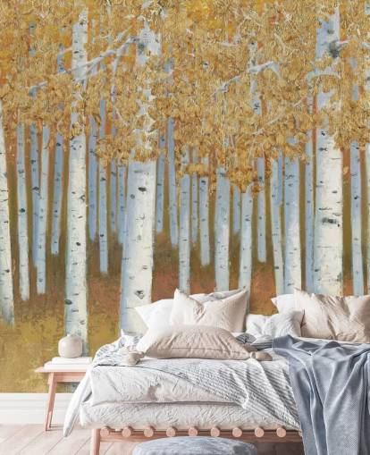 mustard and gold birch tree wallpaper