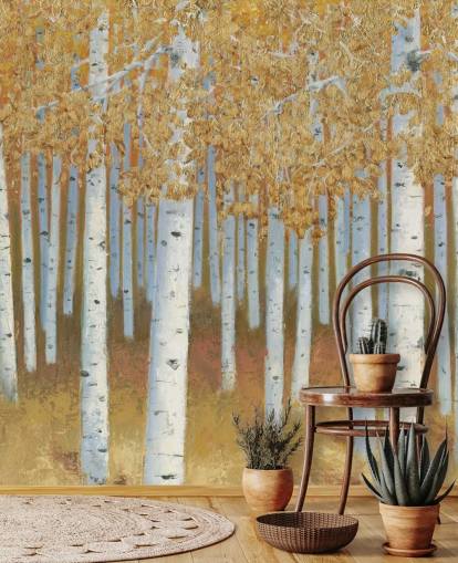 mosterd en gouden berkenboom behang