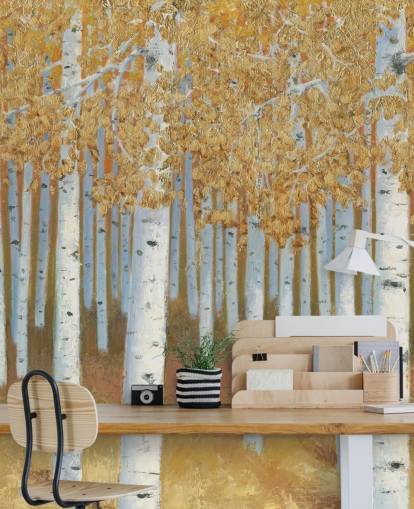 mustard and gold birch tree wallpaper