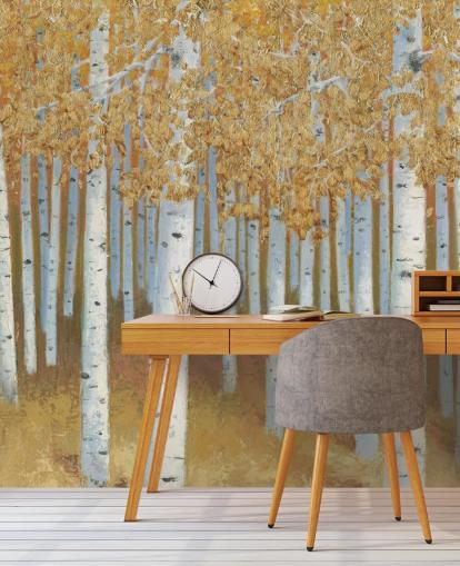 mustard and gold birch tree wallpaper