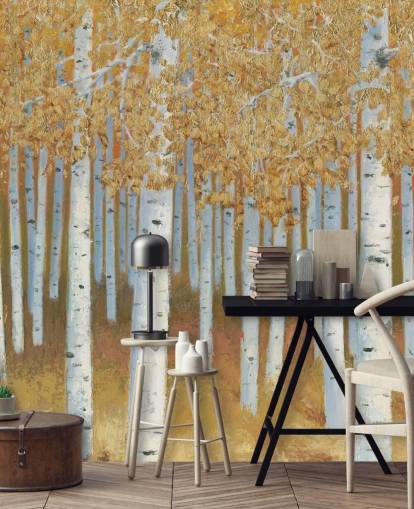 mustard and gold birch tree wallpaper
