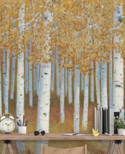 mosterd en gouden berkenboom behang
